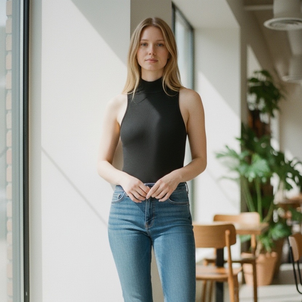 Black Sleeveless Turtleneck Bodysuit